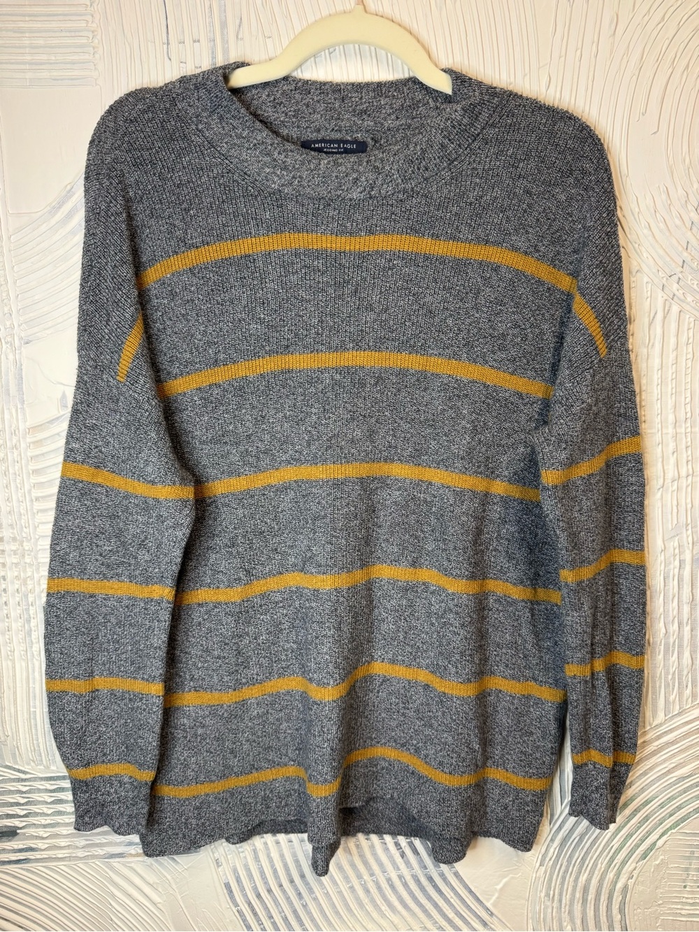 American Eagle Outfitters Gray Crewneck Sweater with Mustard Stripes